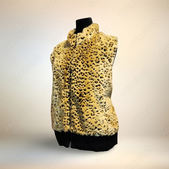 ▶Leopard Or Cheetah Print Faux Fur Vest With Black Sweater Back Boujee Punk Glam - Picture 3 of 10